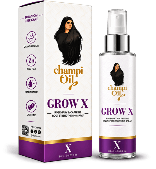 Champi Oil Grow X botanical hair care spray with caffeine niacinamide Zinc PCA and carnosic acid