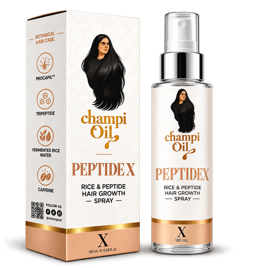 Champi Oil Peptide X hair spray with Procapil tripeptide fermented rice water caffeine and niacinamide